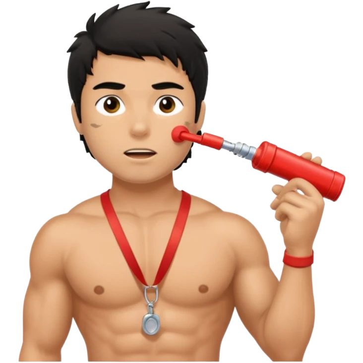 Shirtless Dark Tan Muscular lifeguard with messy black hair with whistle emoji