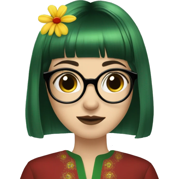 White skinny girl in a green kurta with flower design, glasses, alot of piercing, gay, red lips, nose ring, full body, short straight black edgar hair, black straight hair, front bangs emoji