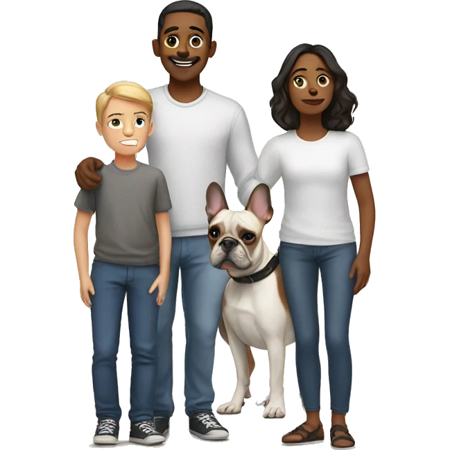 parents standing behind 3 boys, one french bulldog emoji