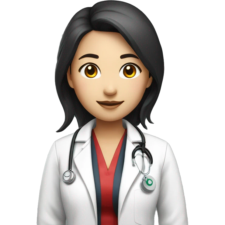 a young asian female doctor with a white coat and stethoscope around her neck with black and red highlighted hair of shoulder length full body emoji