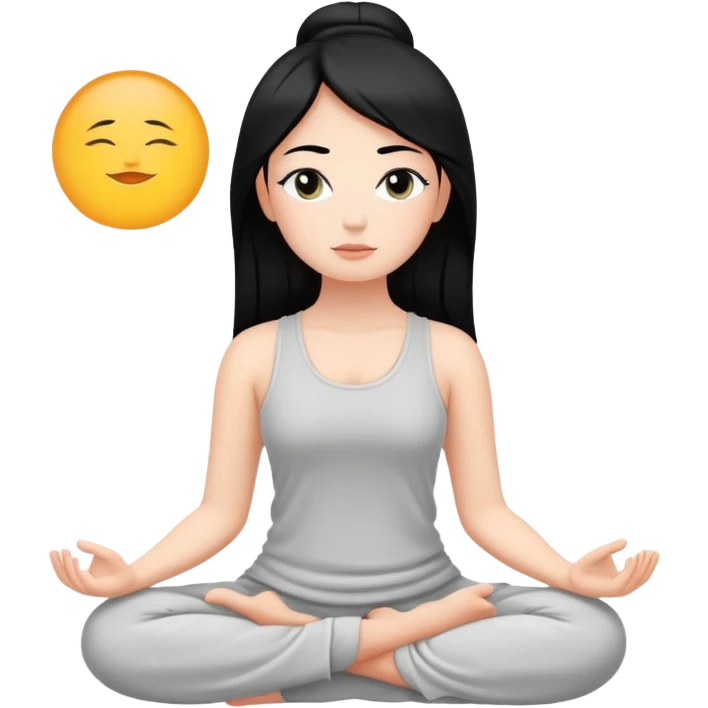 white girl with black hair, meditating, peaceful face emoji