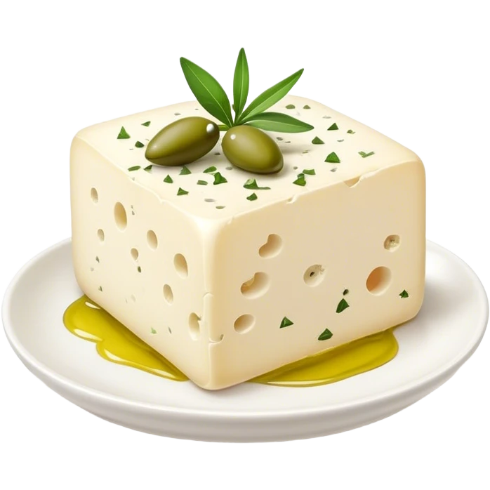 Cinematic Realistic Feta Cheese Dish Emoji, depicted as a block of crumbly, tangy cheese garnished with olive oil and herbs rendered with lifelike detail and soft natural lighting. emoji