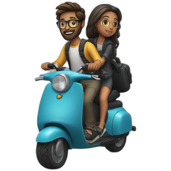 boy with long hair in a bun, beard, and glasses, riding a black scooter with a girl on the back emoji