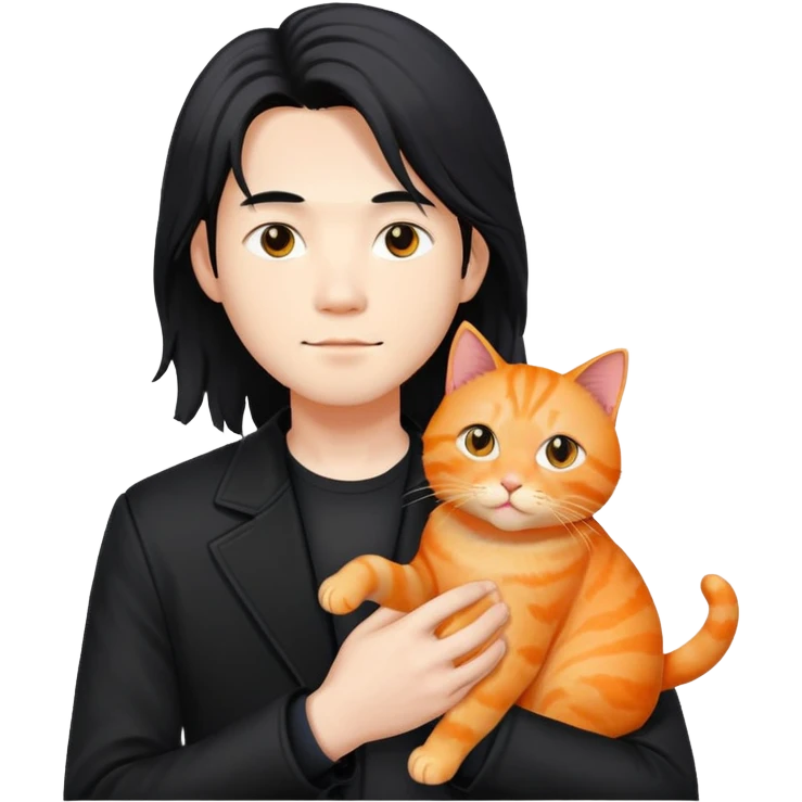 Long hair asian men wearing black jacket with an orange cat emoji