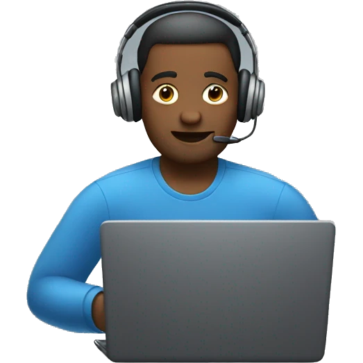man in headphones talking hold laptop and phone only upper part of body  emoji