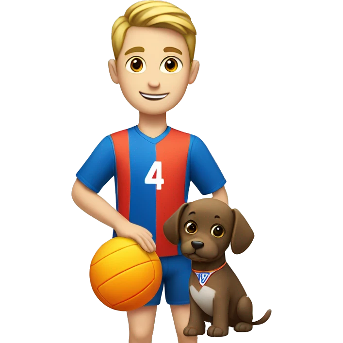 A white boy holding a red blue orange green and yellow volleyball  witha shirt with a dog and number 14 emoji