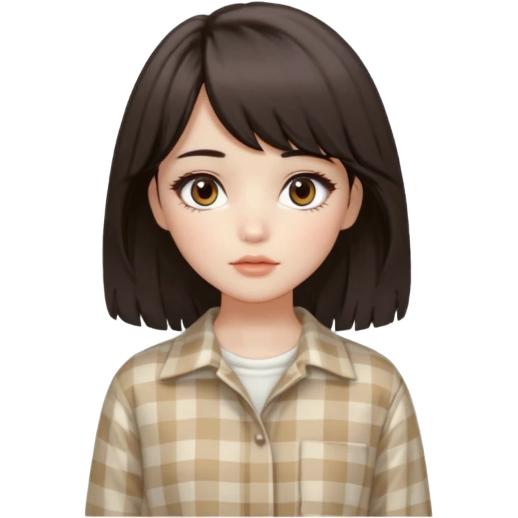 A fair, neutral-toned girl with dark brown layered hair (medium length, curtain bangs) and almond-shaped brown eyes. Doll-like makeup with soft brows, manhwa lashes, and normal lips. Oval face. Wearing an off-white checkered shirt, baggy pants, and minimal silver jewelry. emoji