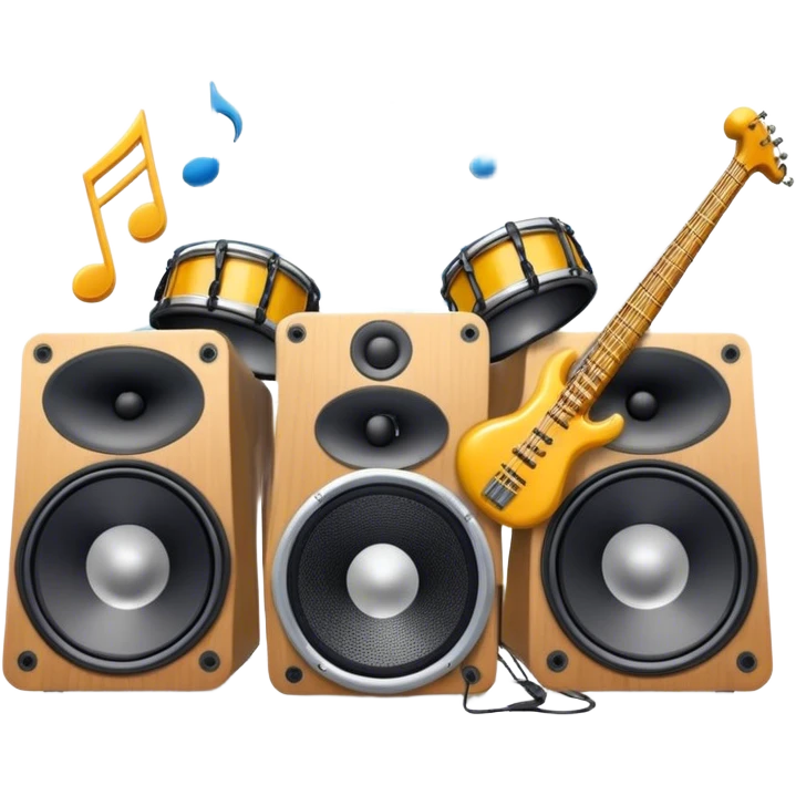 Icon for R&B Music Listening: large concert speakers and headphones with waves of musical notes coming out, along with drums, bass guitar and saxophone. The icon should convey the energetic and rhythmic vibe of R&B music. Transparent background emoji