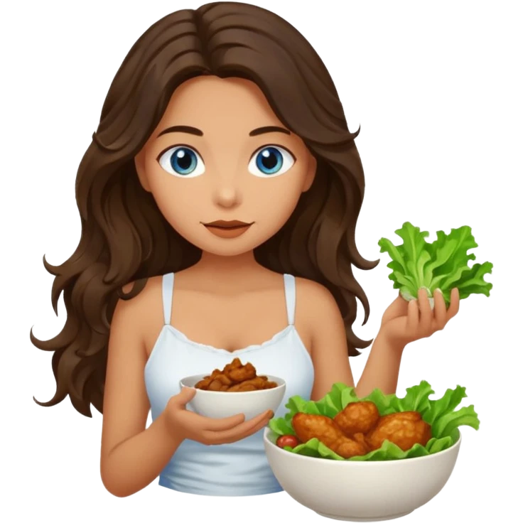 Girl with olive skin, blue eyes, brown dark insanely wavy long hair, white camisole eating a bowl of lettuce and chicken emoji