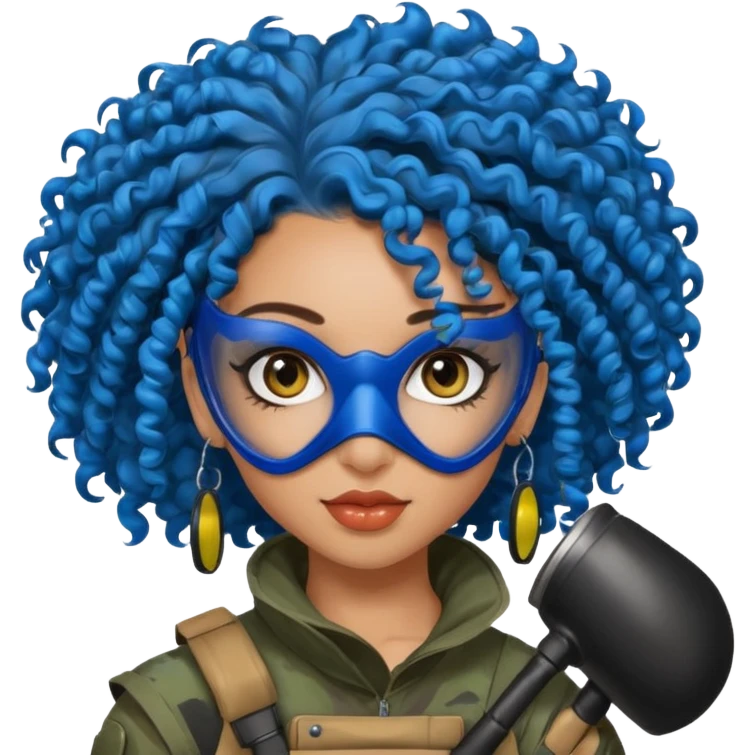 blue curly haired paintball player girl with huge earrings, wearing paintball mask emoji