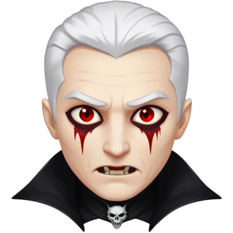 Creat a young man Vampire with white skin and white hair "make him have slide back hair" and full black vampire clothes and bloody eyes and long fangs and scary dead sleepy eyes and silver logo on his neck emoji
