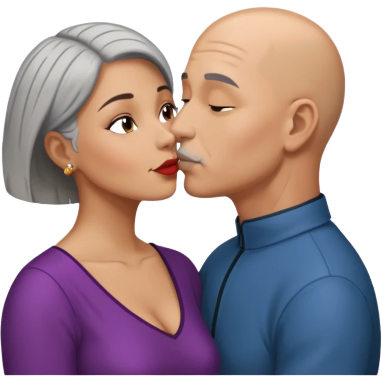 Short hair bald guy kissing Latin woman with grey hair emoji