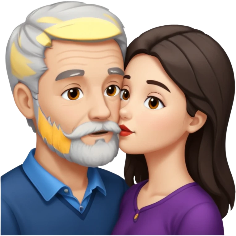 Grey haired bearded man and pretty brunette kissing  emoji
