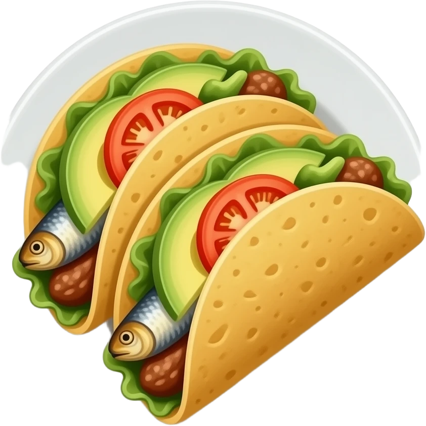 tacos de sardina en pedazos, con aguacate y jitomate servidos en un plato blanco plano emoji