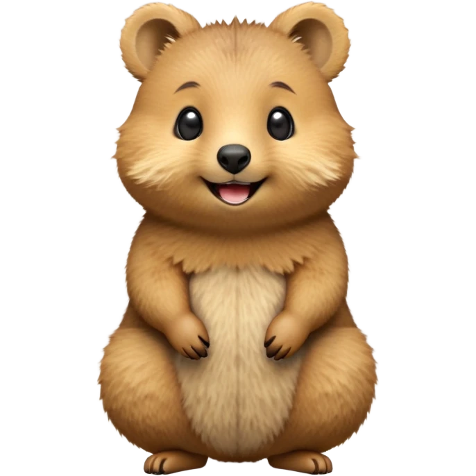 cinematic-realistic quokka-emoji,-small-round-frame-balanced-on-tiny-strong-hind-legs, head tilted in an endearing manner, comical smil, giant-fluffy-cheeks-large-smile-fluffy-brown-fur-radiating-a-warm-softness,-big-round-eyes-filled-with-joy, realisticround  fluffy zoomed in, large black eyes emoji
