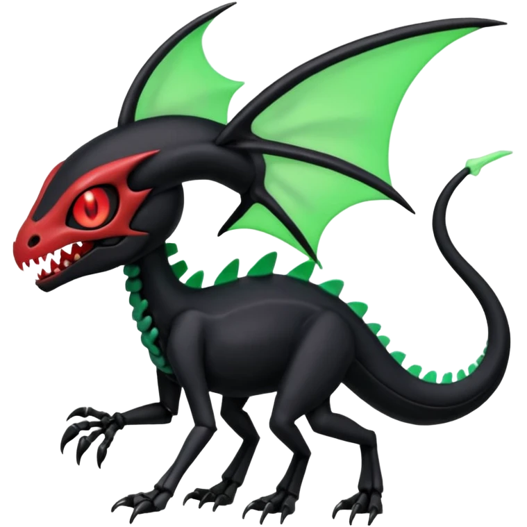Obsidian-black and neon-glowing-green skeletal Meloetta-Salandit-Gorebyss-Salazzle-Pokémon-Fakémon-creature-fusion-hybrid with glowing crimson-red evil slit eyes emoji