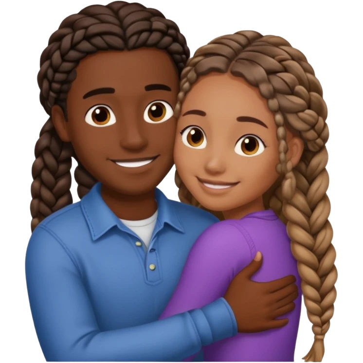 dark skin girlfriend with braids hugs brown skin boyfriend with long hair  emoji