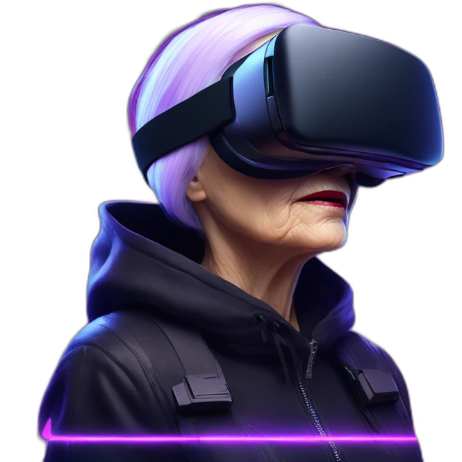 Russian old woman wearing a black hoodie with "OMG" letters on it and VR headset in a cyberpunk VR environment with violet neon lighting. emoji