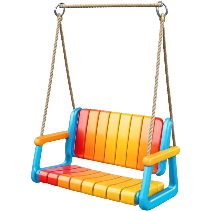 a colorful plastic swing with a safety bar in front, hanging from two ropes, glossy surface and soft shadows emoji