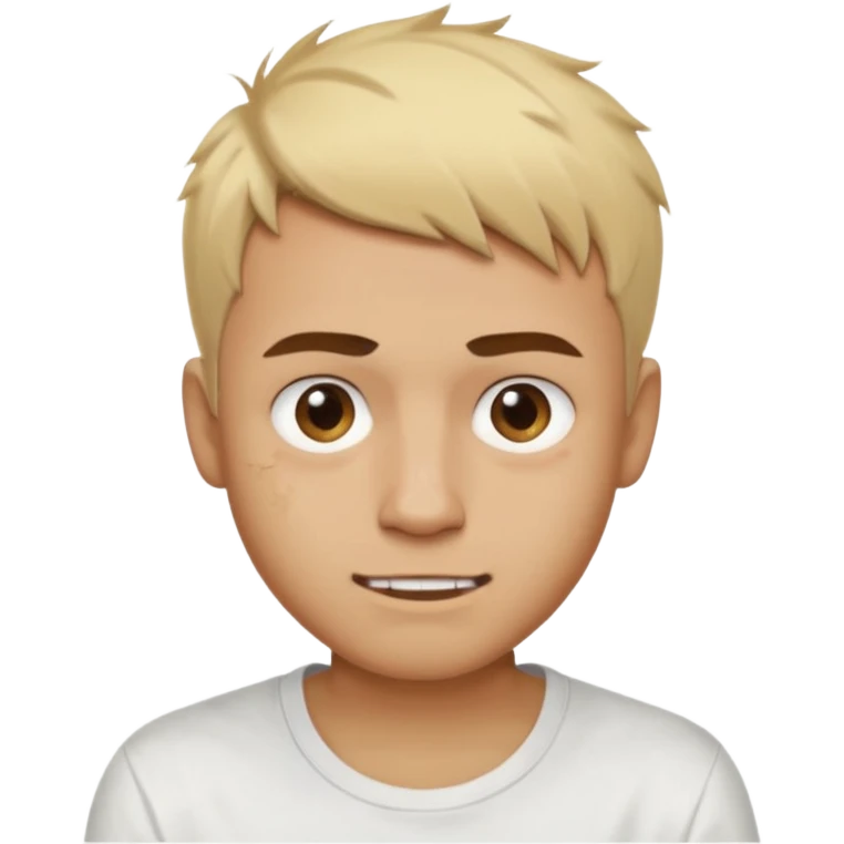 Male with short, messy blonde buzzstyle hair, large expressive golden-brown eyes, brown skin, subtle facial bruises and scratches, crooked smile showing slightly damaged teeth, wearing a plain white t-shirt. emoji