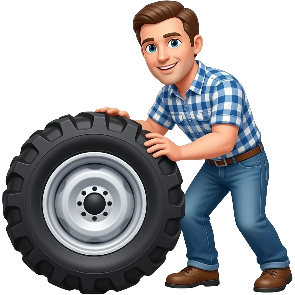 a man lifting a heavy tractor tire off the ground emoji