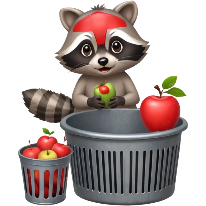 a raccoon sitting ontop of s trashcan holding a bitten apple emoji