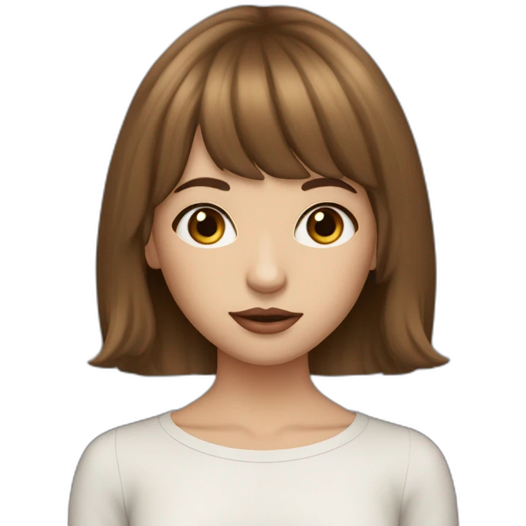 long brown hair skinny girl with curtain bangs, thin face and makeup from head to chest emoji
