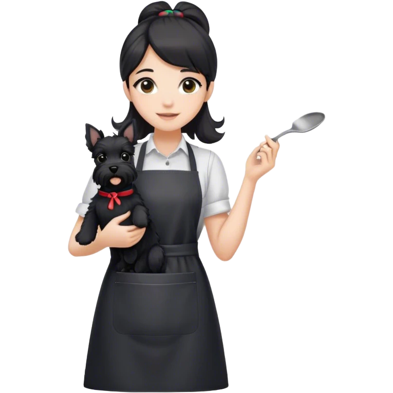 pale smiling girl with long back hair wearing black long shirt wearing apron holding black  schnauzer emoji