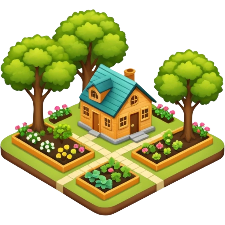 An icon featuring a local map, symbolizing local gardening. The design includes a different trees, and 1 tiny wooden house, shrubs, beds. Transparent background emoji