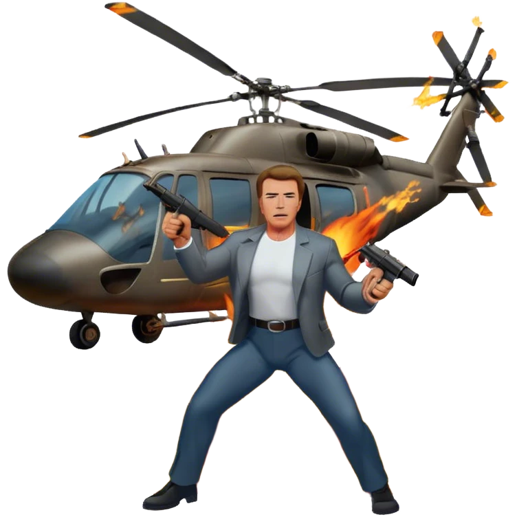Icon for Action Movies: Arnold Schwarzenegger in the lead role, in an intense action pose with weapons, explosions, a car and helicopter flying out of flames in the background. The design should capture the explosive energy and heroism of classic action films. Transparent background. emoji