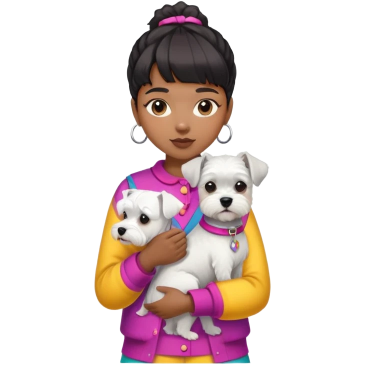 Black girl with short bangs holding a white schnauzer dog, colorful clothes emoji