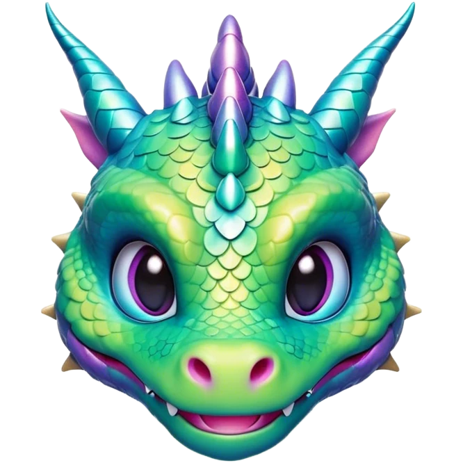 Cinematic Cute Dragon Portrait Emoji, Head tilted playfully and inquisitively, with a sleek, serpentine body adorned in iridescent scales and a charming, expressive face featuring subtle, delicate horns, round, sparkling eyes brimming with curious magic, Simplified yet irresistibly adorable features, highly detailed, glowing with a warm, enchanting glow, high shine, affectionate and mystical, stylized with a touch of whimsical fantasy, soft glowing outline, capturing the essence of a mischievous yet loving dragon that feels like it could slither out of the screen into your arms! emoji