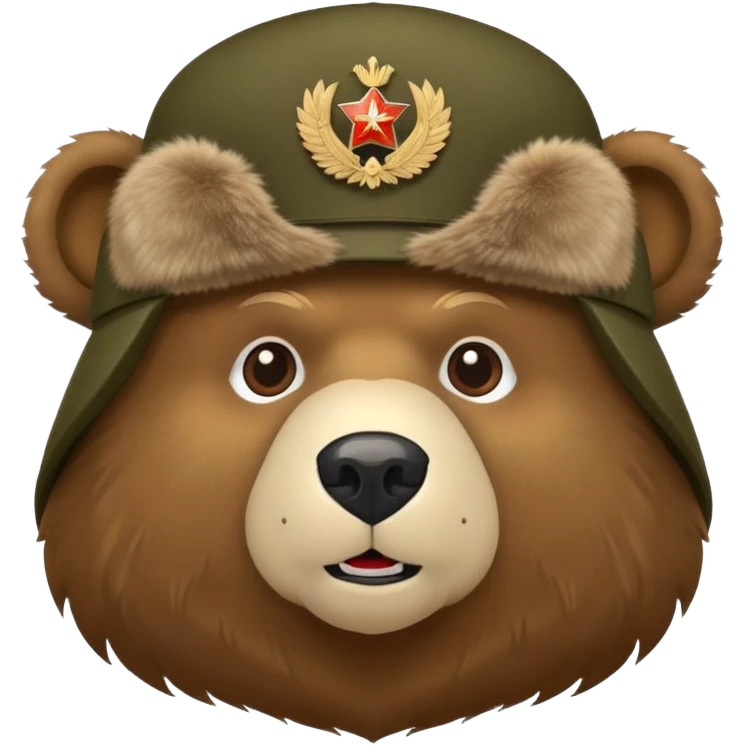 Cartoon Russian bear head wearing military style ushanka hat with Russian emblem, iOS emoji style emoji
