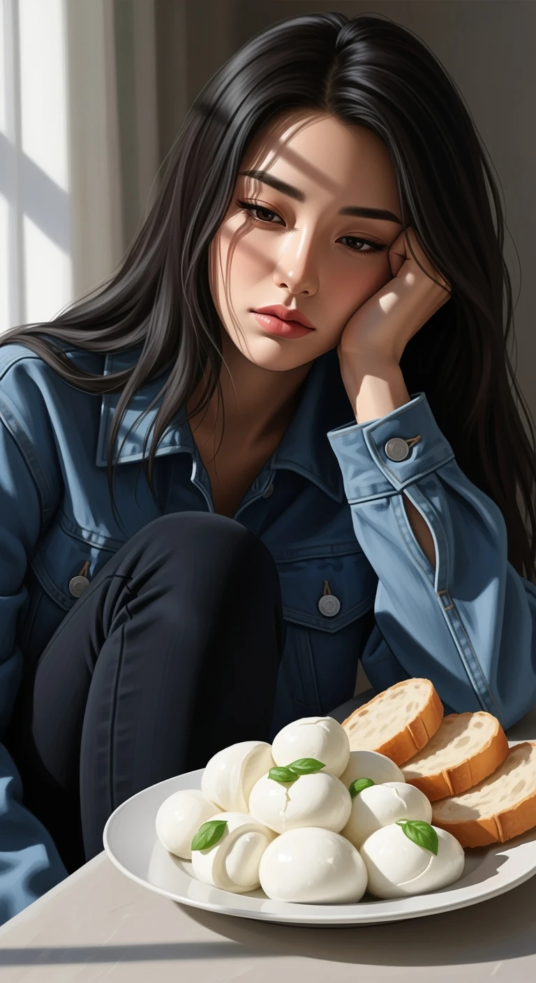 donna vestita casual con espressione triste davanti ad un piatto di cibo con mozzarella e pane, iperrealistico 4k emoji
