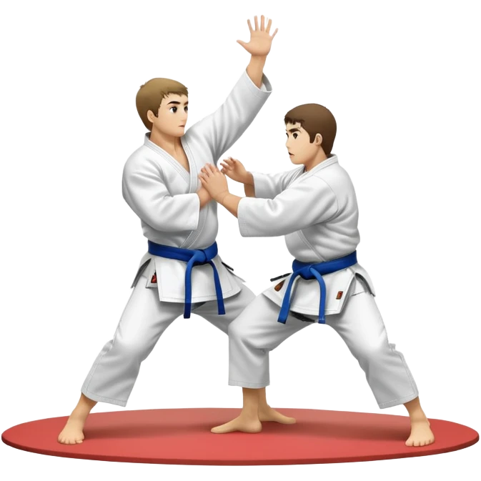 Two judo practitioners in traditional gi, one executing a powerful throw while the other is countering with a defensive move. The background features a judo mat and a focused dojo atmosphere. Transparent background highlights the precision and technique of judo. emoji