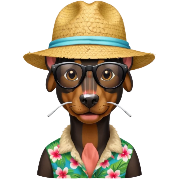 doberman with sunglasses and straw hat, hawaii shirt emoji