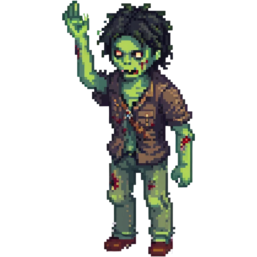 isometric zombie with one arm raised in the air and messy black hair emoji