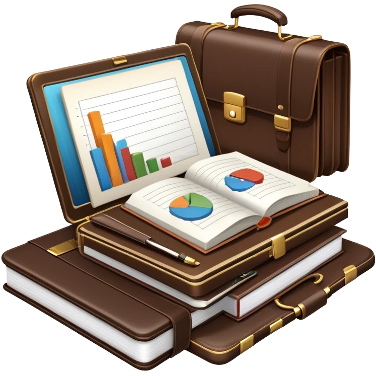 Icon for Business Reading: a prominent open book in the foreground with a briefcase, a laptop and a notepad around it, with a bar graph symbolizing ideas and growth. The icon should represent the knowledge and strategy of business literature. Transparent background. emoji