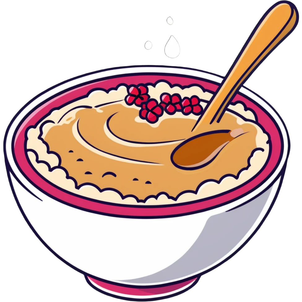 steaming bowl of oatmeal with a dollop of peanut butter, sprinkle of coconut flakes, and fresh pomegranate arils emoji