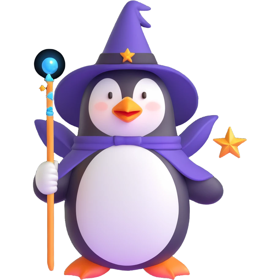 penguin wizard with magic wand and pointed hat emoji