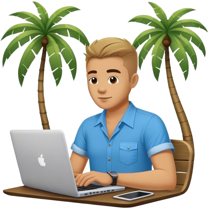 A digital nomad in bali working on a laptop wearing a tropical blue shirt with a palm tree on the side emoji