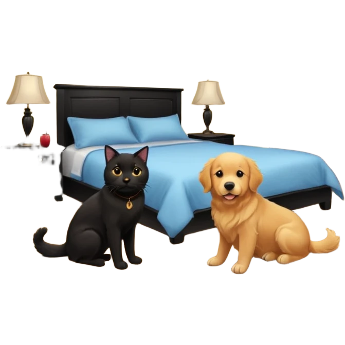 golden retriever and black cat in a bedroom emoji