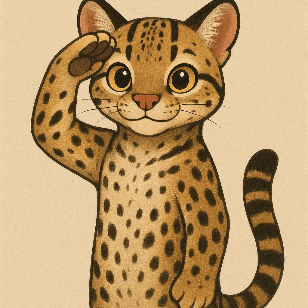 an ocelot standing upright, giving a salute, friendly expression, simple background emoji