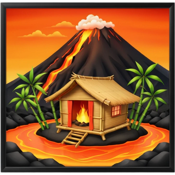 bamboo hut front of the volcano lava flowing emoji