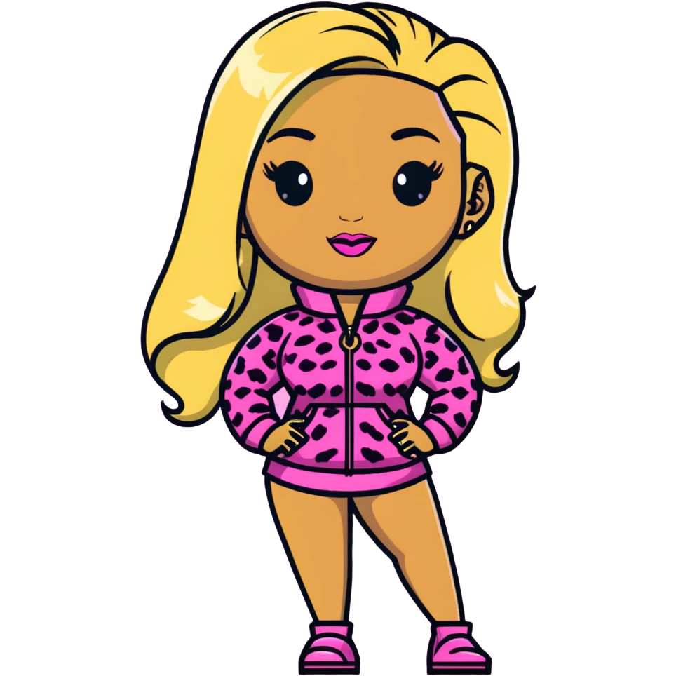 Nicki Minaj wearing a pink leopard print outfit with hair that is half blonde and half pink emoji