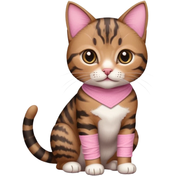 a young female brown and black tabby cat, with a pink bandage on her front paw, emoji