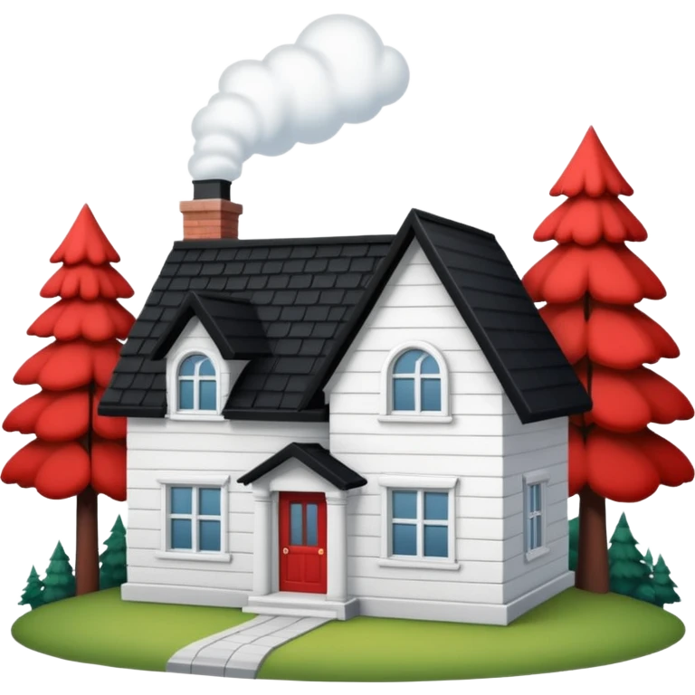a one-story house with a forest background. The house is to have a white façade with red brick inserts.  the roof is to be black, gable. emoji