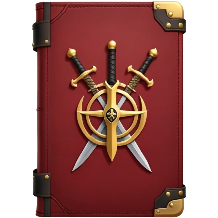 A dark crimson red book with black and gold details, a rugged leather texture, and an emblem of crossed swords, a knight chess piece, or a battle flag, radiating strategy, discipline, and the art of power emoji