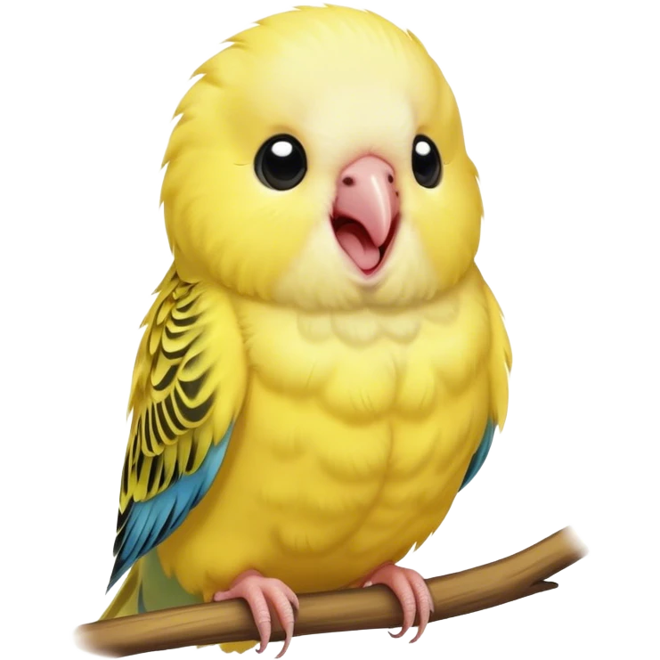 Cinematic Cute Yawning Yellow Budgie Portrait Emoji, Head tilted slightly with a dramatic, wide-open yawn, showcasing a soft, downy yellow feathered fur with gently drooping wings, round dark eyes barely open in drowsy contentment, Simplified yet irresistibly adorable features, highly detailed, glowing with a soft, cozy glow, high shine, relaxed yet expressive, stylized with a touch of whimsy, bright and endearing, soft glowing outline, capturing the essence of a sleepy yet affectionate budgie, so drowsy it feels like it could stretch out of the screen and curl up for a nap! emoji