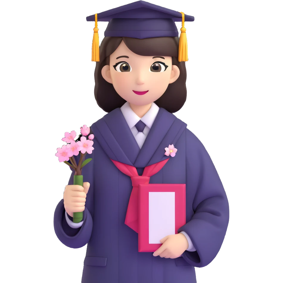 Japanese female high school graduate in school uniform with cherry blossoms and diploma emoji